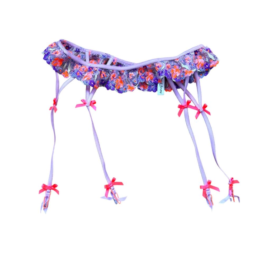 For Love & Lemons Bloom Lace Garter Belt in Neon Pink and Purple Size XS XSmall